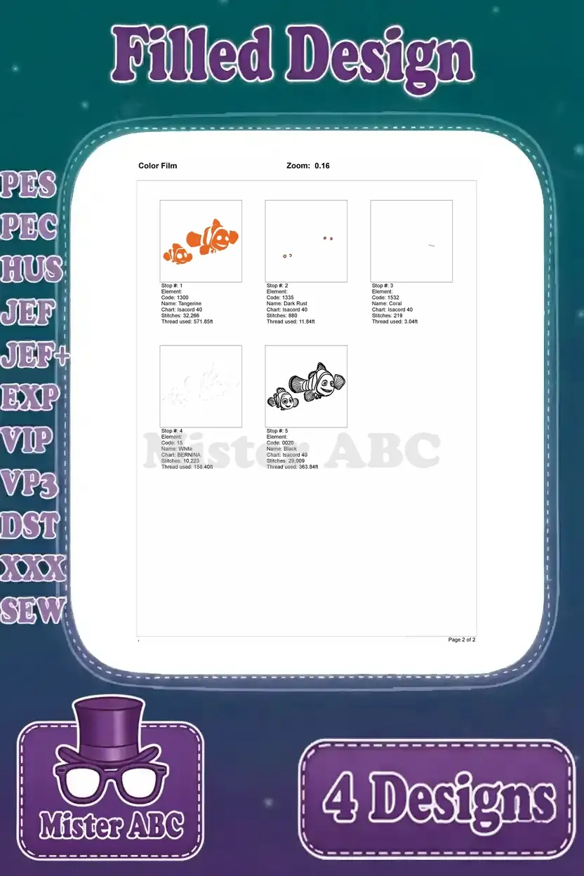 Color film breakdown for the Nemo and Marlin filled embroidery, illustrating each stitch step and color layer.
