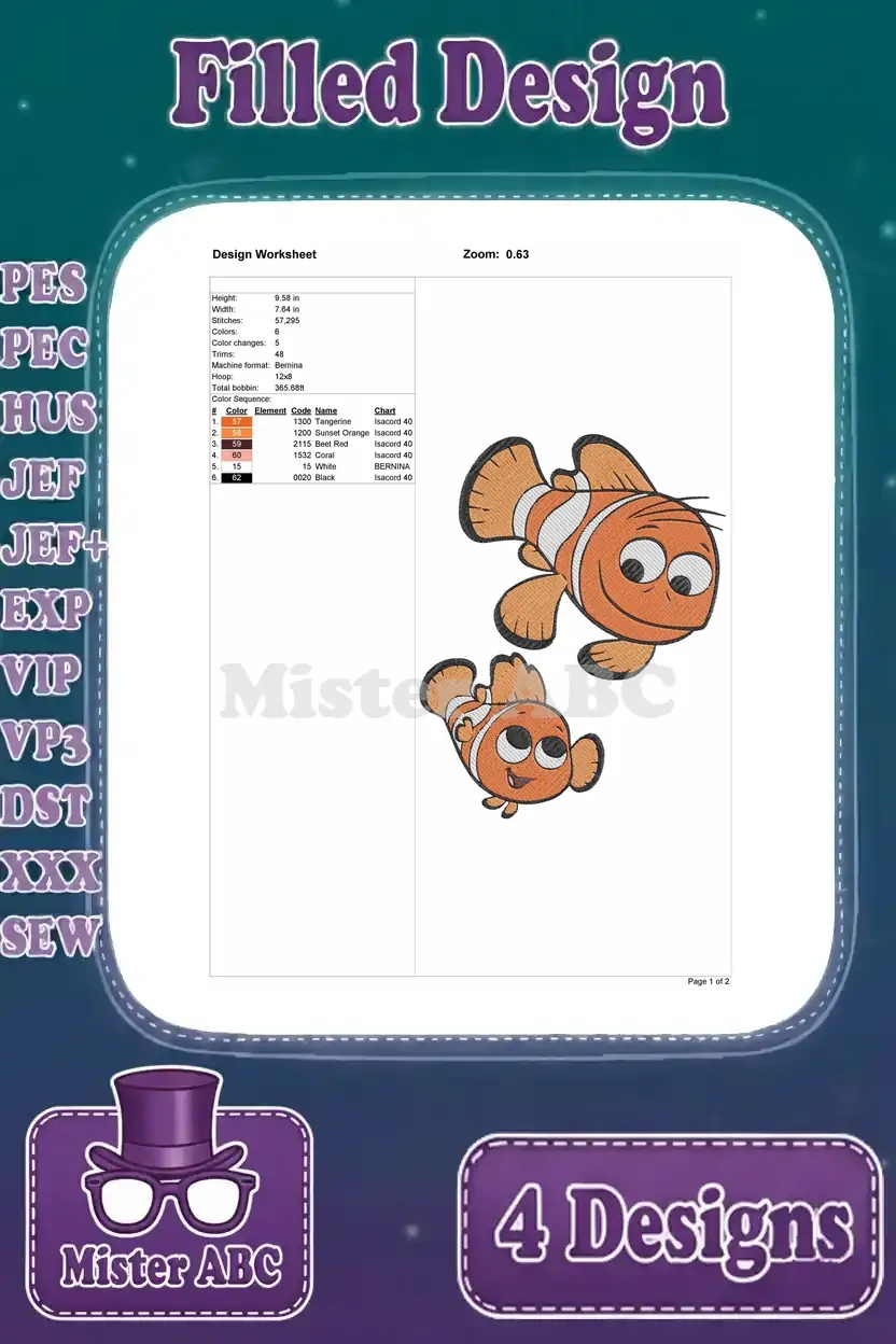 Design worksheet for a filled embroidery design featuring a larger and smaller clownfish, detailing stitch information.