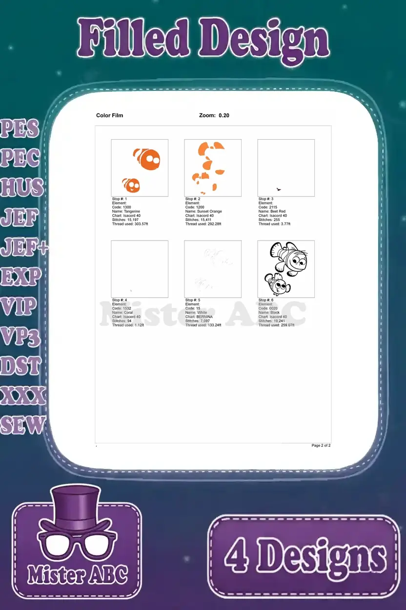 Color film breakdown for the filled embroidery design of a larger and smaller clownfish, showing stitch stops.