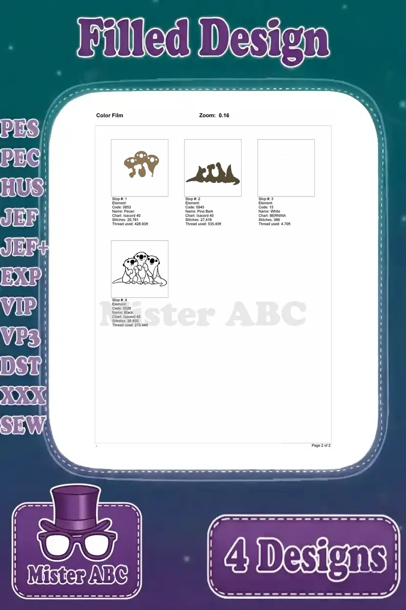 Color film breakdown for the filled embroidery design of three adorable otters, showing stitch stops and thread progression.