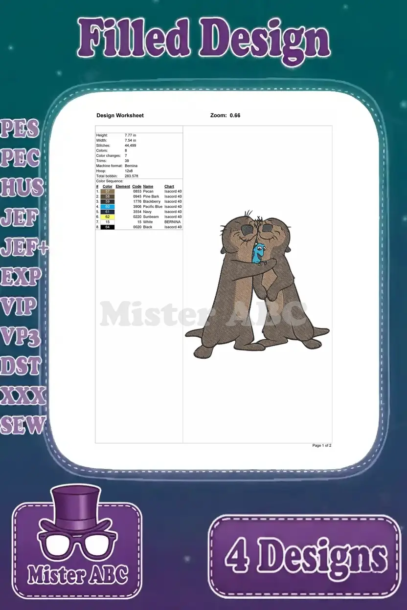 Detailed design worksheet for the two hugging otters filled embroidery, showing stitch count, colors, and dimensions.
