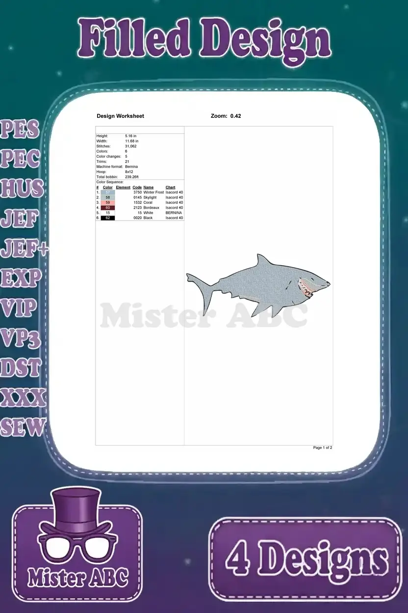 Design worksheet for the grey shark with a fish in its mouth, outlining stitch data and color sequence.