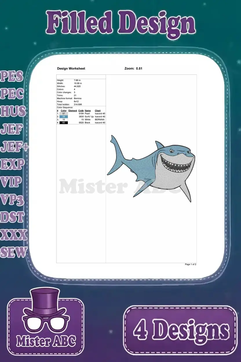 Design worksheet for the grinning blue shark, providing stitch specifications and color details.