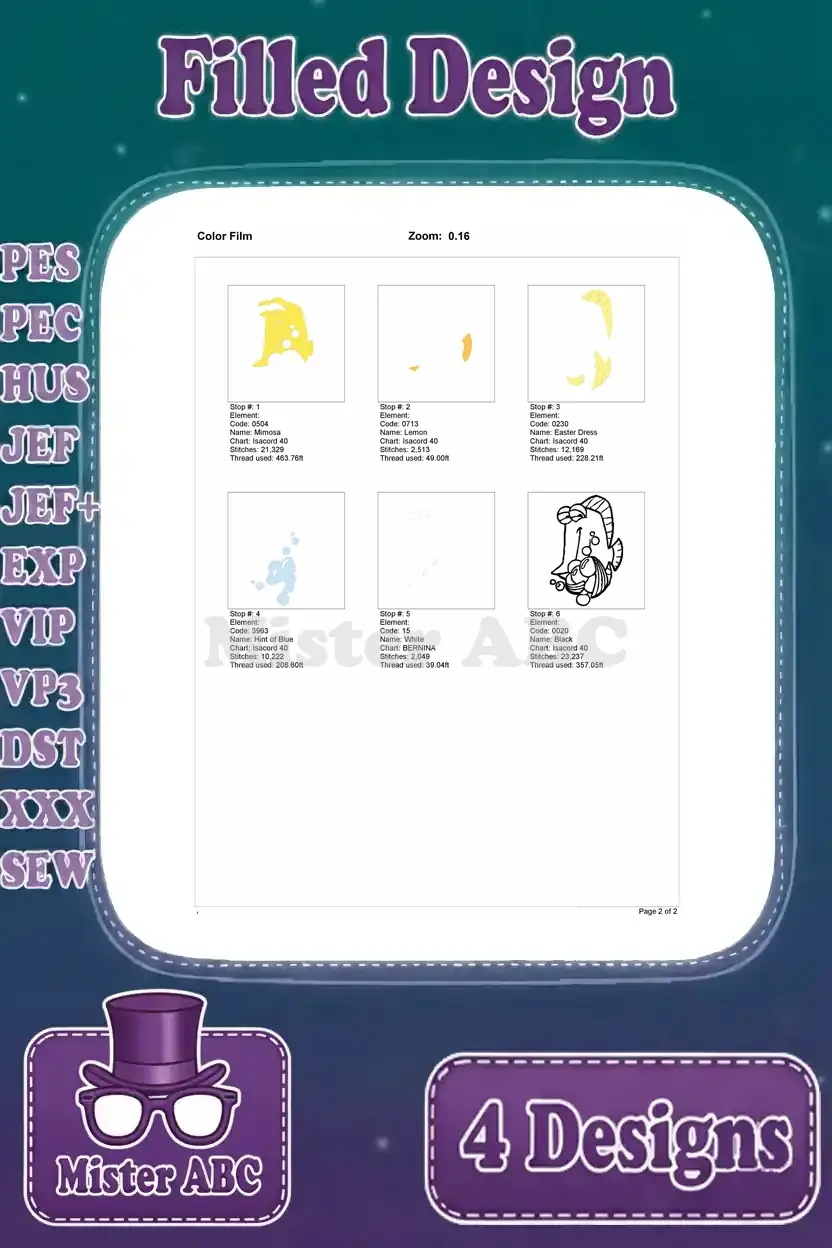 Color film sequence for the Gurgle royal gramma filled embroidery design, showing each stitch layer and color stop.