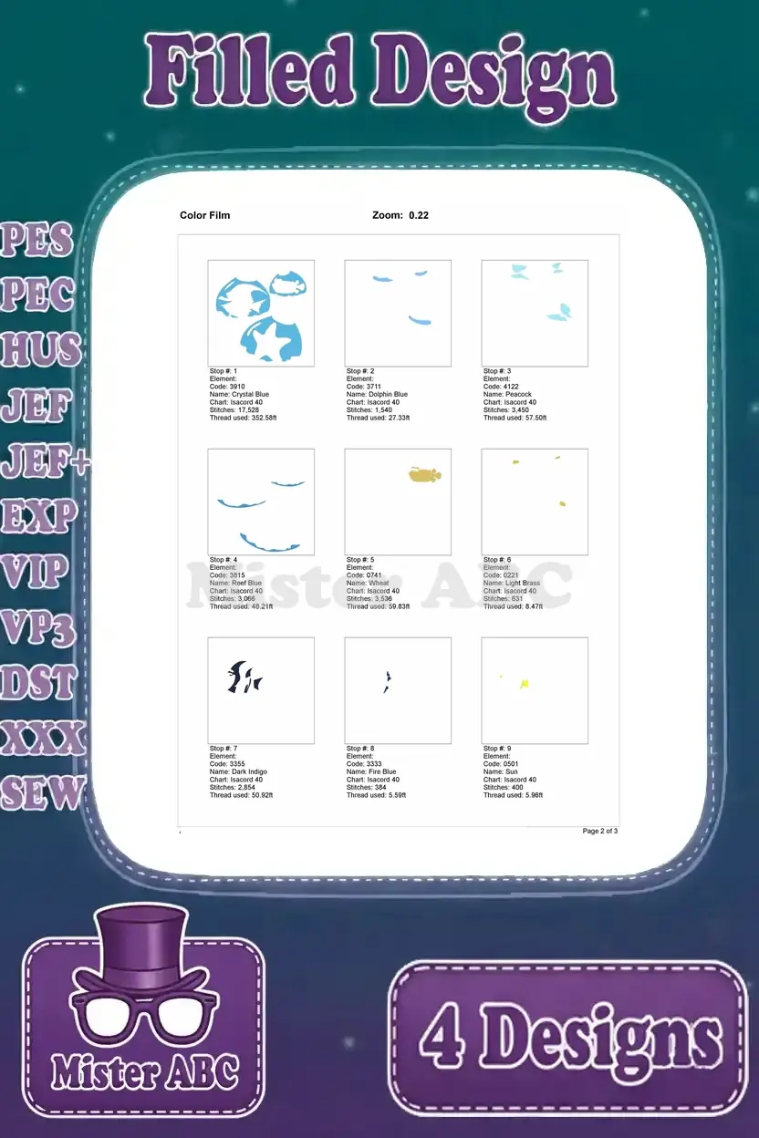 First part of the color film for the 'fish in bags' embroidery, detailing initial color applications.