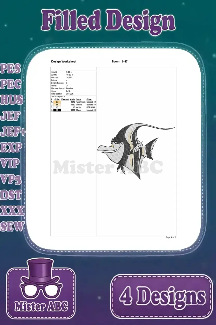 Embroidery design worksheet for Gill the Moorish Idol, detailing size, stitch count, colors, and thread sequence.