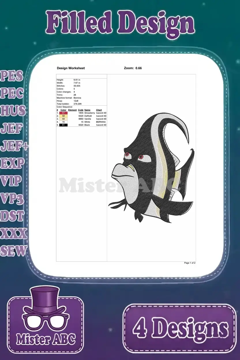 Embroidery design worksheet for the stern Gill Moorish Idol, showing dimensions, stitch count, and color details.
