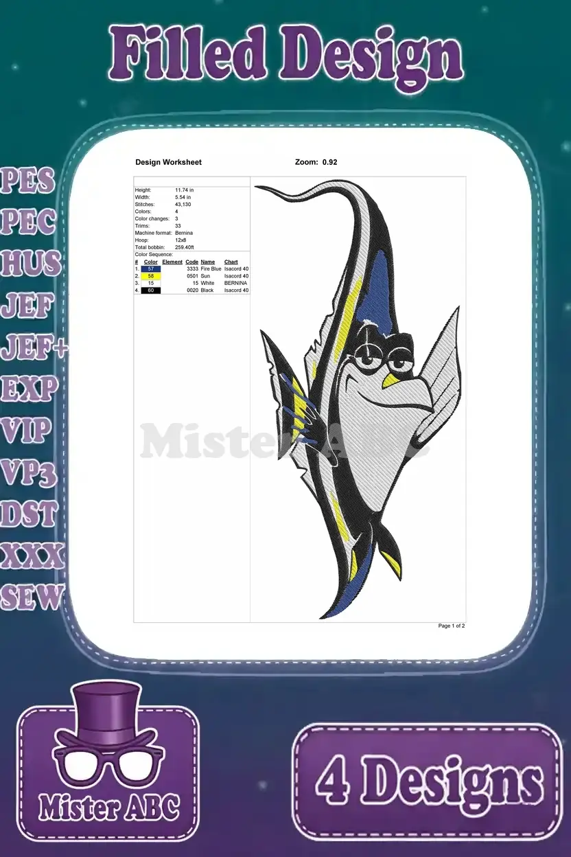 Embroidery design worksheet for the upright Gill Moorish Idol, including size, stitch count, and thread colors.