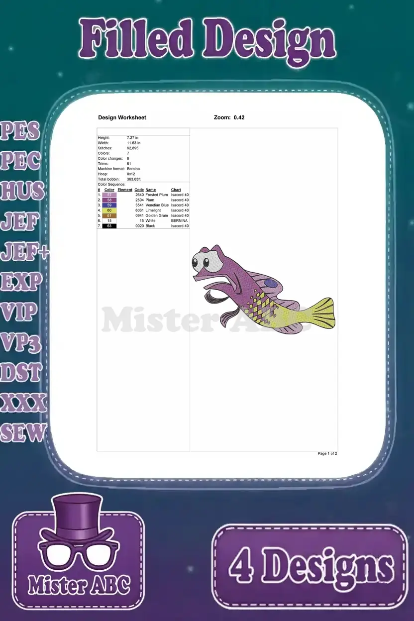 Embroidery design worksheet for Gurgle the Royal Gramma, detailing dimensions, stitch count, and thread colors.