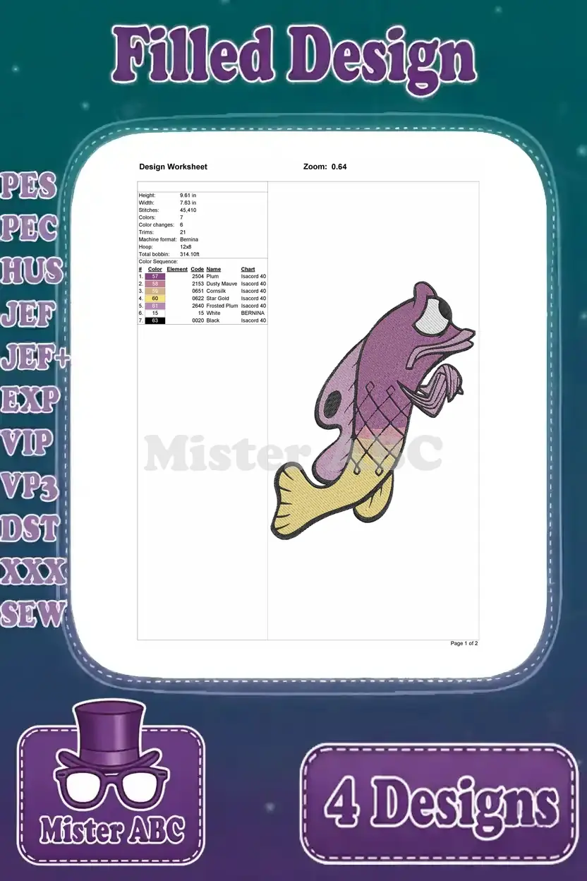 Detailed worksheet for the purple and yellow fish embroidery design, outlining stitch count, color sequence, and precise dimensions.