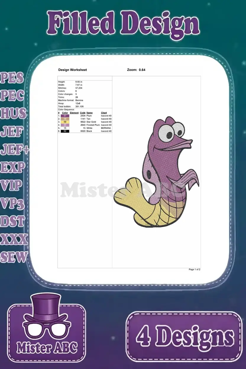 Detailed worksheet for the second purple and yellow fish embroidery design, outlining stitch count, color sequence, and precise dimensions.