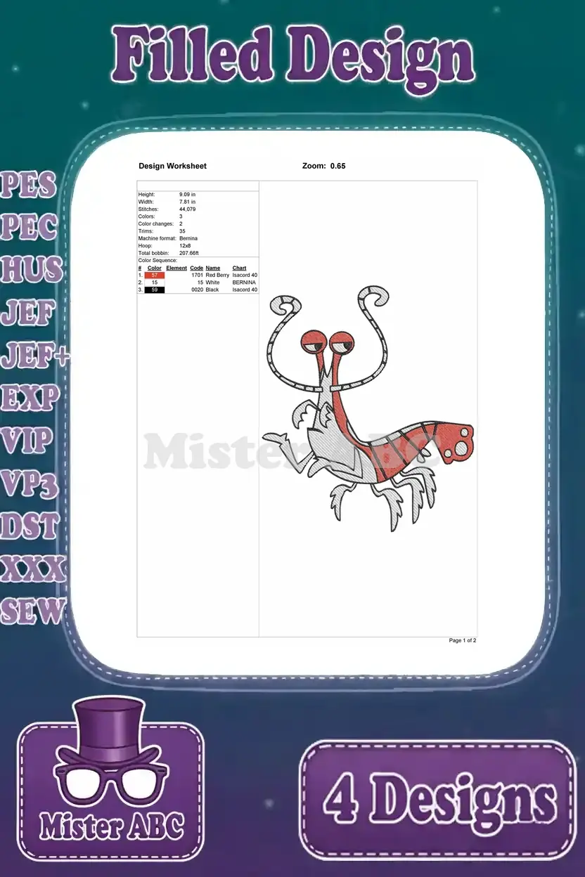 Detailed worksheet for the vibrant shrimp embroidery design, outlining stitch count, color sequence, and precise dimensions.