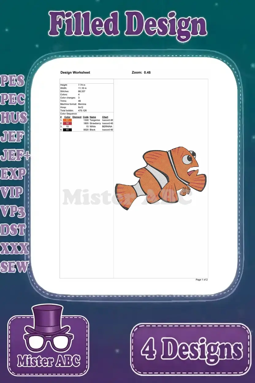 Detailed worksheet for the beloved clownfish embroidery design, outlining stitch count, color sequence, and precise dimensions.