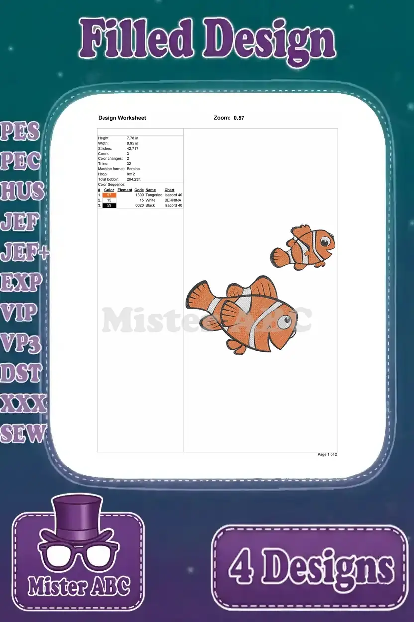 A design worksheet for a filled embroidery, featuring a large and small clownfish, detailing stitch counts and colors.