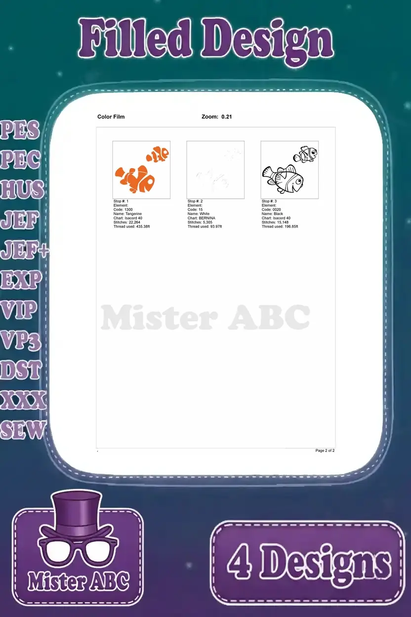 A color film representation of the first clownfish embroidery design, showing thread stops and stitch paths clearly.
