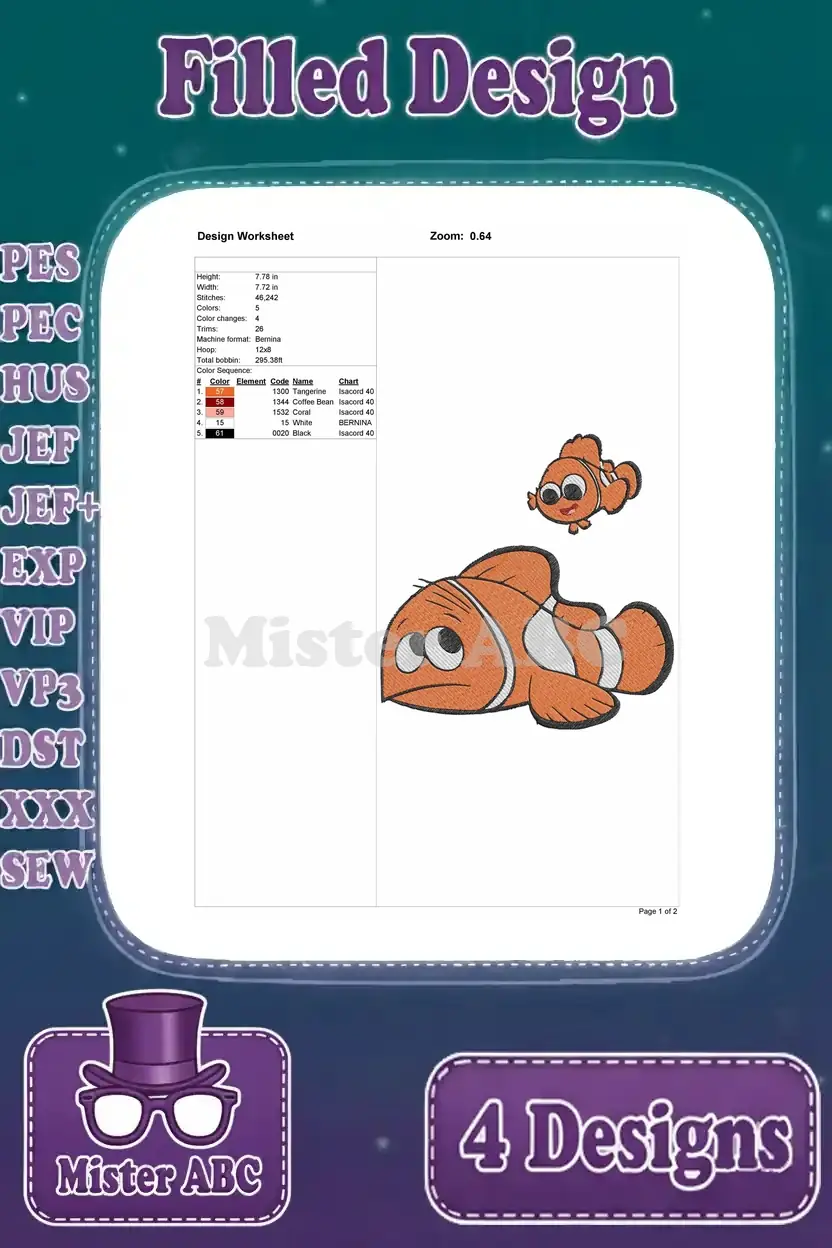 A design worksheet for the second filled embroidery, featuring a different pose of large and small clownfish, with specs.