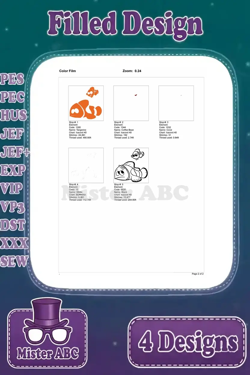 A color film breakdown for the second clownfish embroidery design, illustrating the sequence of colors and stitch areas.