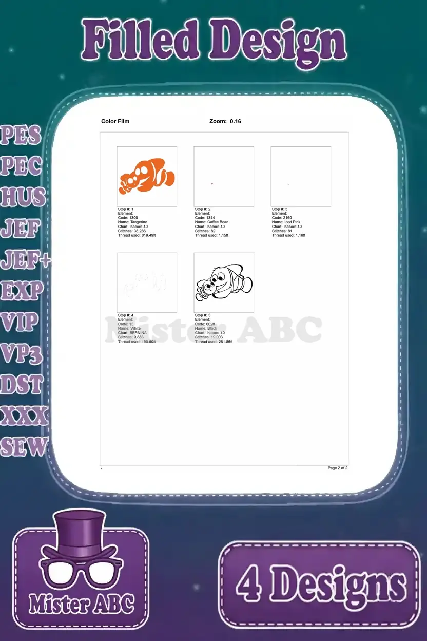 A color film for the third clownfish embroidery design, visually mapping out the thread changes and stitching progression.