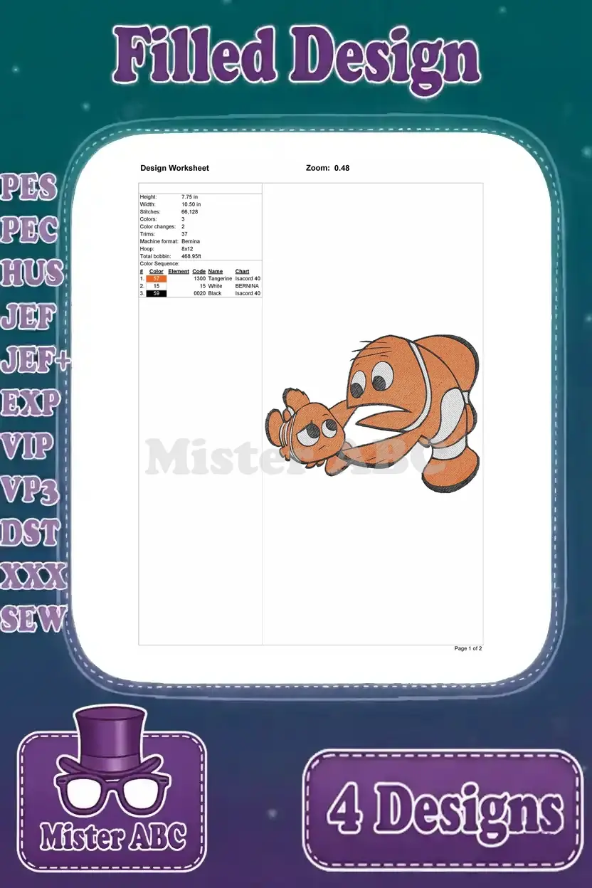 A design worksheet for the fourth filled embroidery, showing another interacting clownfish scene, with full details.