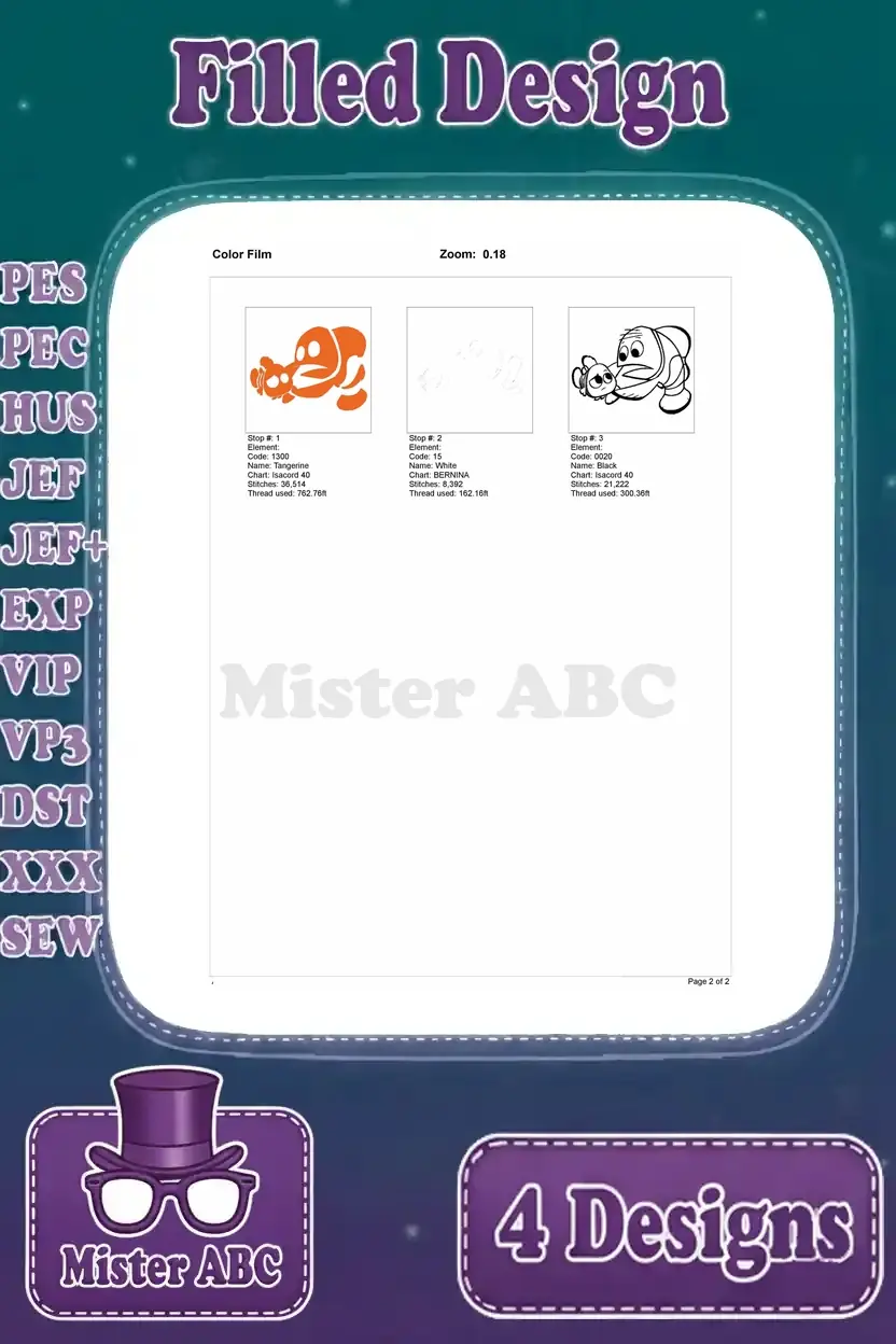 A color film for the fourth clownfish embroidery design, detailing the thread stops and visual stitching order.