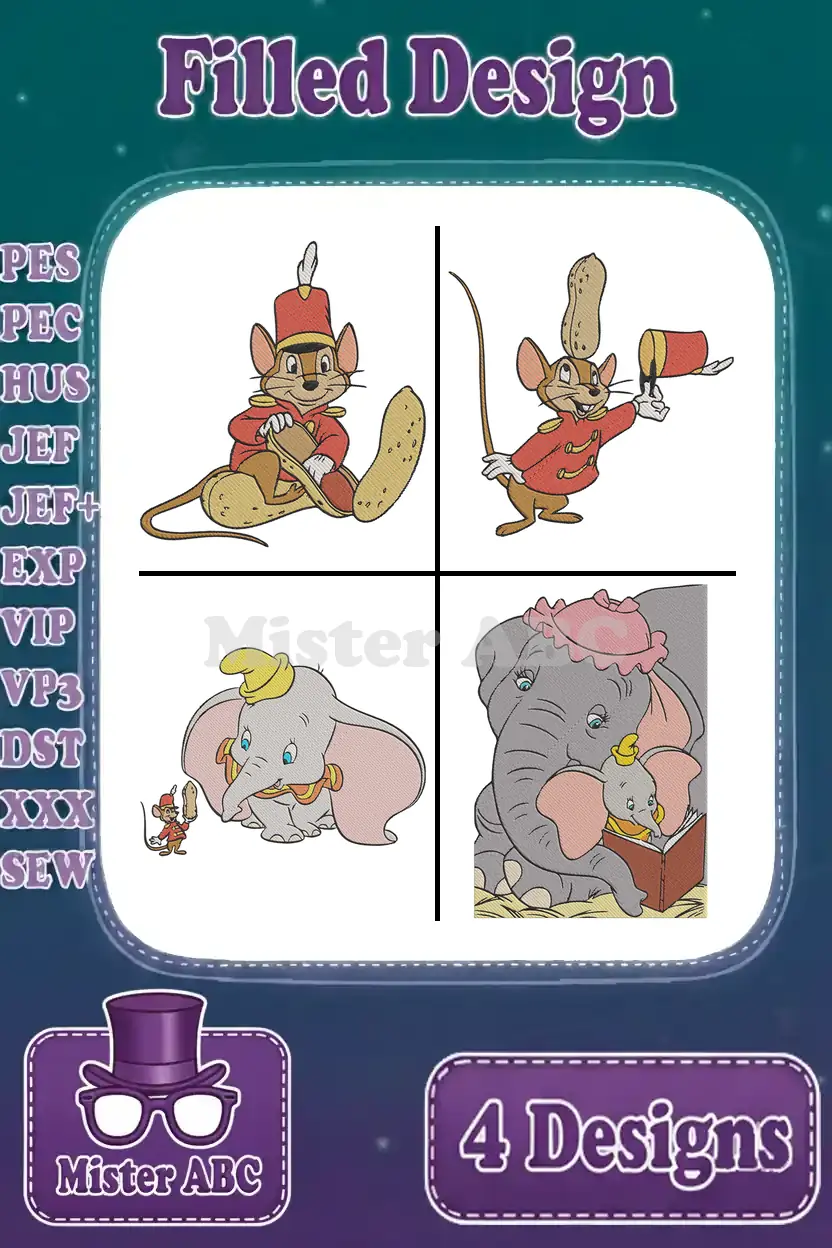 A vibrant display of four filled embroidery designs featuring Dumbo, Mrs. Jumbo, and Timothy Q. Mouse characters.