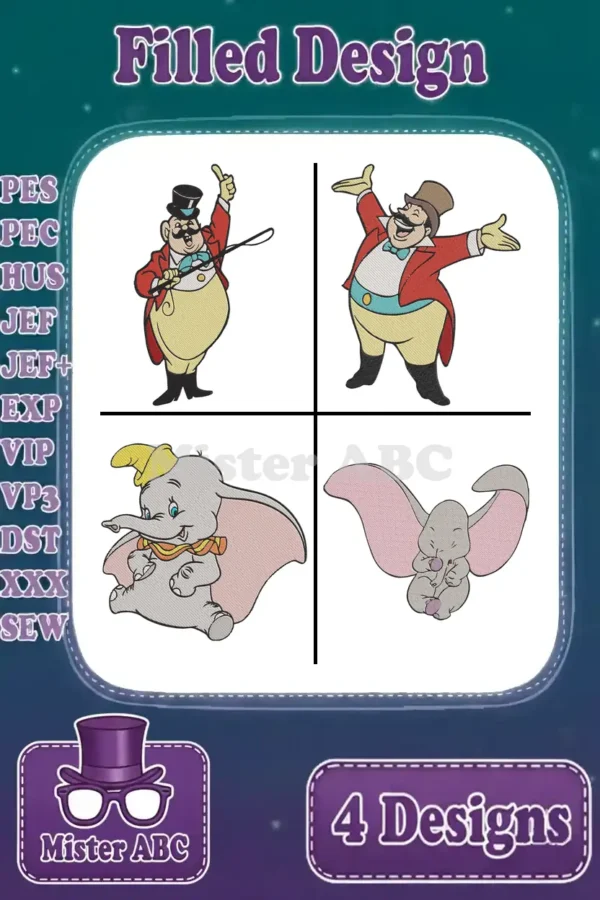 A vibrant collage of four filled embroidery designs: two Dumbo characters and two Ringmasters, with supported file formats listed.