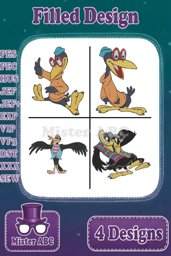 Four distinct embroidery designs featuring a humorous cartoon crow in various poses, ready for diverse creative projects.