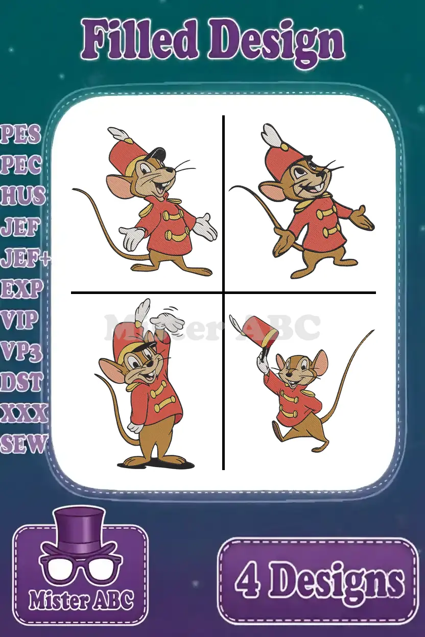 Four delightful Jerry Mouse embroidery designs in band uniforms, showcasing various playful poses and expressions.