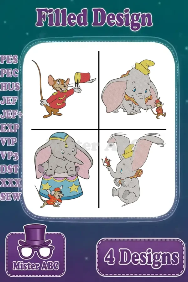A vibrant display of four Dumbo and Timothy Q. Mouse filled embroidery designs, highlighting their detailed stitches and playful poses, ready for various projects.