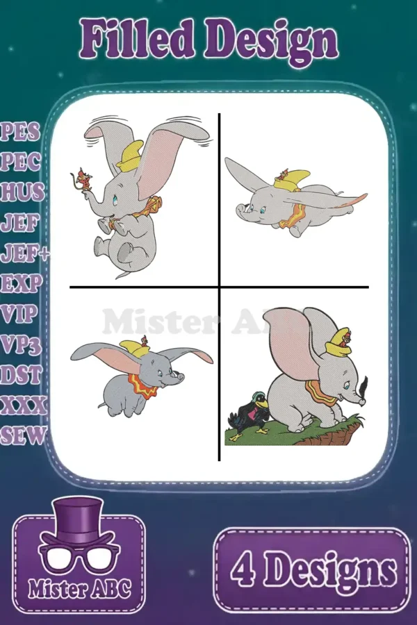 A vibrant main image displaying four distinct Dumbo filled embroidery designs, ready for various projects.