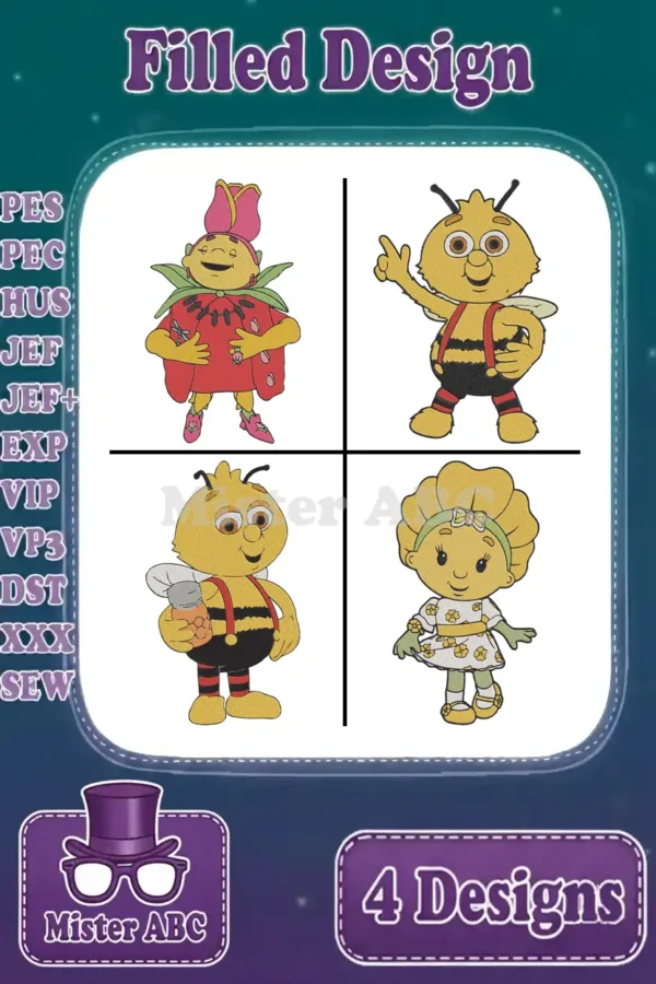 A vibrant embroidery bundle displaying four unique filled designs: a strawberry-clad character, two cheerful bees, and a charming flower-headed girl, ready for any project.