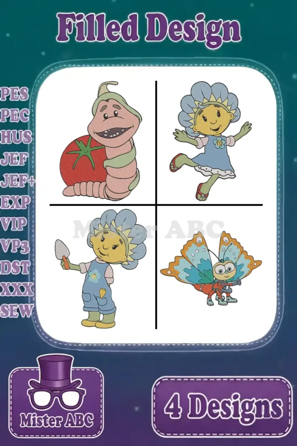 A vibrant collection of four filled embroidery designs: a worm, two girls with flower hats, and a colorful butterfly.