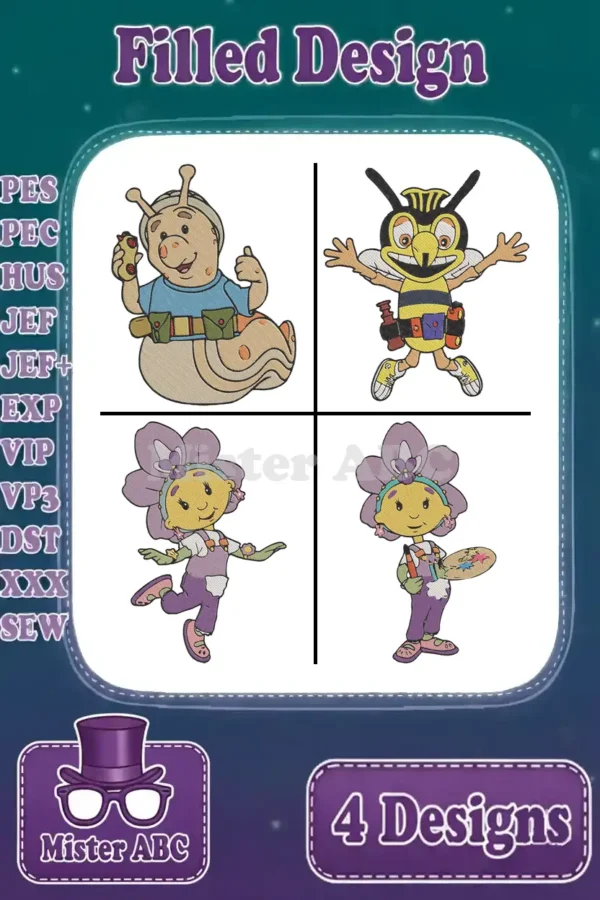 Showcase of four vibrant filled embroidery designs: a happy snail, an adventurous bee, and two playful flower girls.