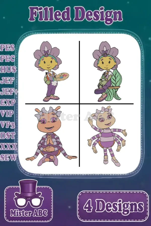 A vibrant embroidery bundle featuring four distinct filled designs: Plum Puddin', Huckleberry Pie, Miss Spider, and Squirt. (109 chars)