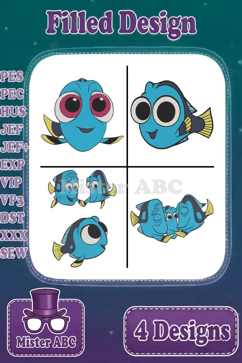 Main product image showing a bundle of four distinct Dory character filled embroidery designs, ready for stitching.