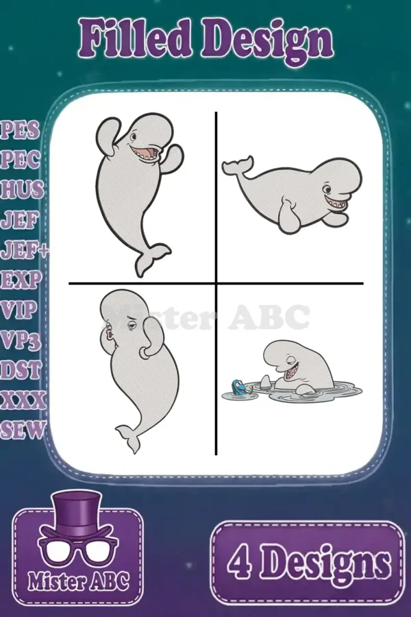 A collection of four adorable Bailey the beluga whale filled embroidery designs, ready for your next project.