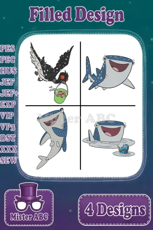 Four vibrant filled embroidery designs featuring Gerald holding Dory and Nemo, plus three unique poses of Destiny the whale shark.