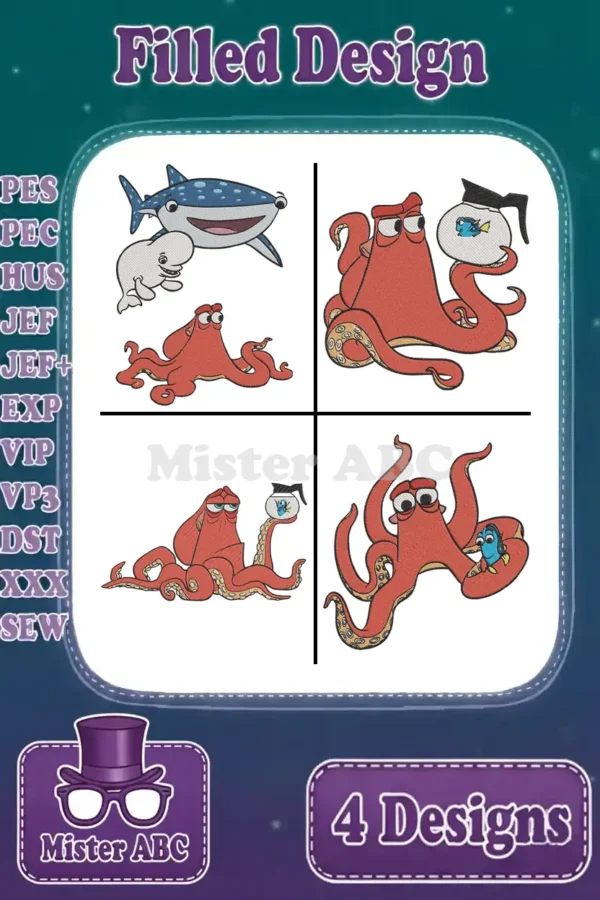 Four vibrant filled embroidery designs featuring Hank, Bailey, Destiny, and Dory from Finding Dory, ready for various formats.