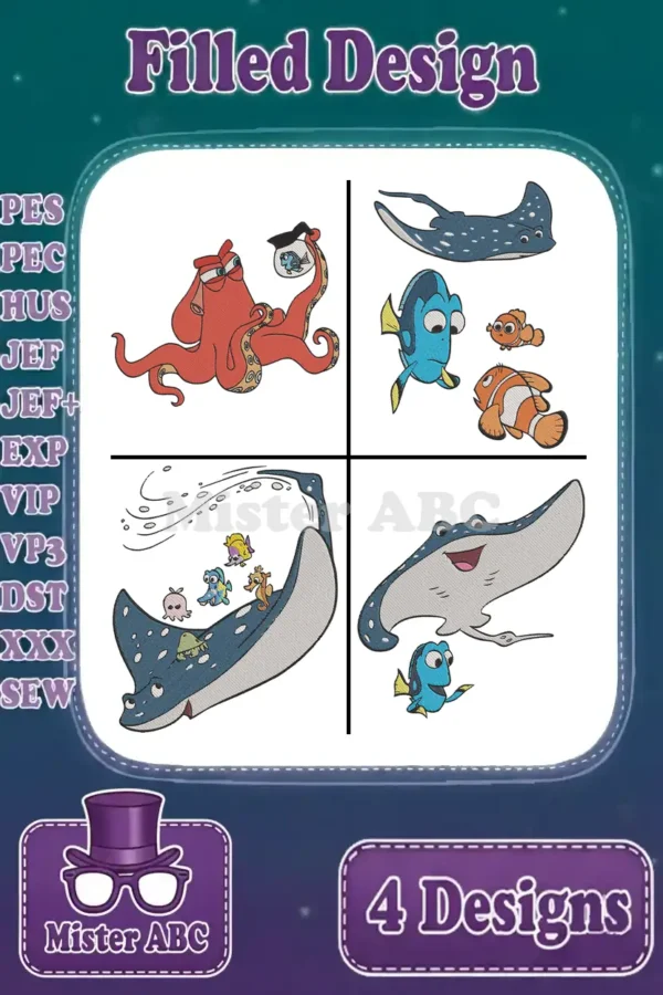 A vibrant four-panel embroidery design bundle featuring Hank, Dory, Nemo, Destiny, and Mr. Ray. Perfect for fans.