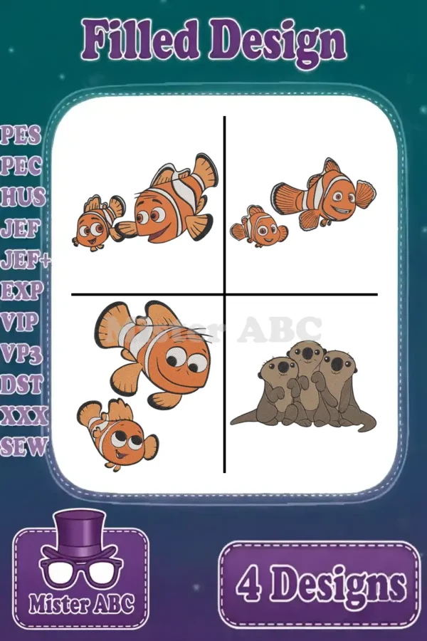 Main product image showing four distinct filled embroidery designs: three variations of clownfish (Nemo and Marlin) and a group of three otters, alongside supported file formats.