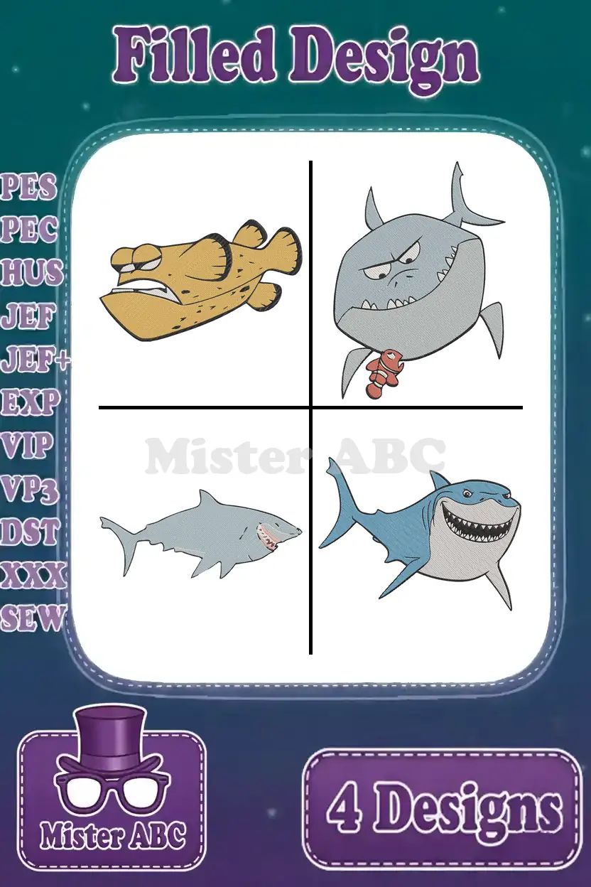 A vibrant display of four filled embroidery designs: a pufferfish and three distinct shark characters, ready to stitch.