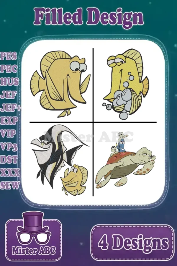 A vibrant embroidery bundle displaying four filled designs of animated sea characters: Bubbles, Gurgle, Gill, Bloat, Crush, Squirt, and Dory from Finding Nemo.