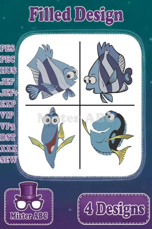 A vibrant bundle of four filled embroidery designs featuring two distinct Marlin and Dory fish characters.
