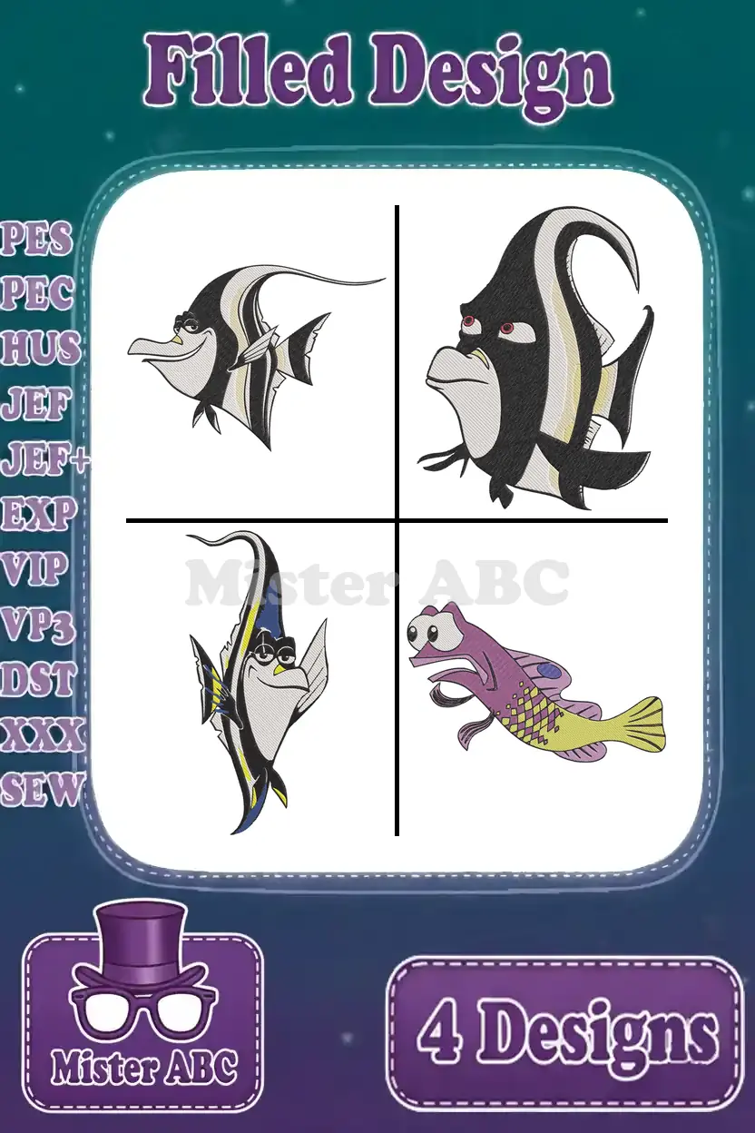 A grid display of four vibrant filled embroidery designs: three variations of Gill the Moorish Idol and one Gurgle.