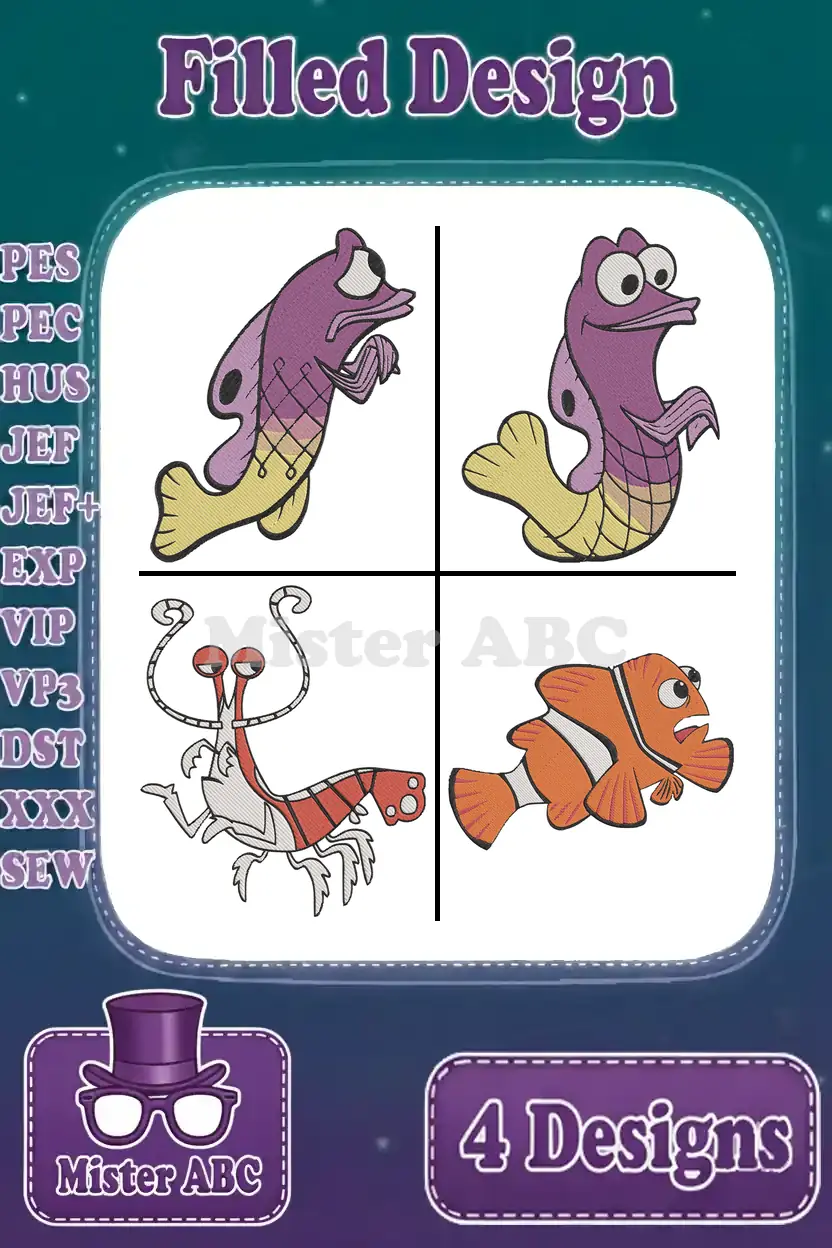Captivating 4-design embroidery bundle featuring a clownfish, shrimp, and two whimsical fish. Perfect for ocean-themed creations.