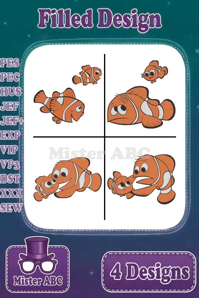 A vibrant collage displaying four distinct filled embroidery designs of clownfish pairs, ready for aquatic-themed projects.