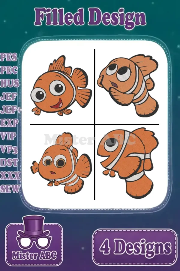 Four charming Nemo filled embroidery designs in various poses, showcasing multiple machine formats for crafters.