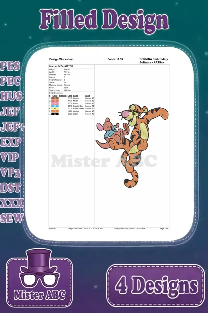 Embroidery design worksheet for Tigger bouncing with Roo, detailing stitch count, color changes, and thread information.