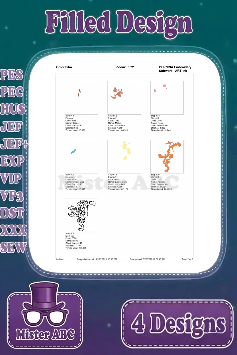 Color film sequence for the Tigger and Roo bouncing filled embroidery design, showing each thread stop and stitch order.