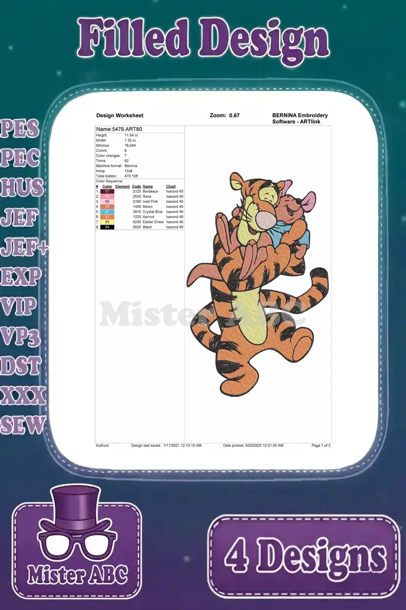 Embroidery design worksheet for Tigger hugging Roo, detailing stitch count, color changes, and thread information.